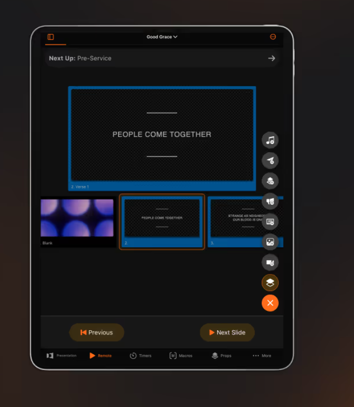 Current ProPresenter Remote control screen on iPad